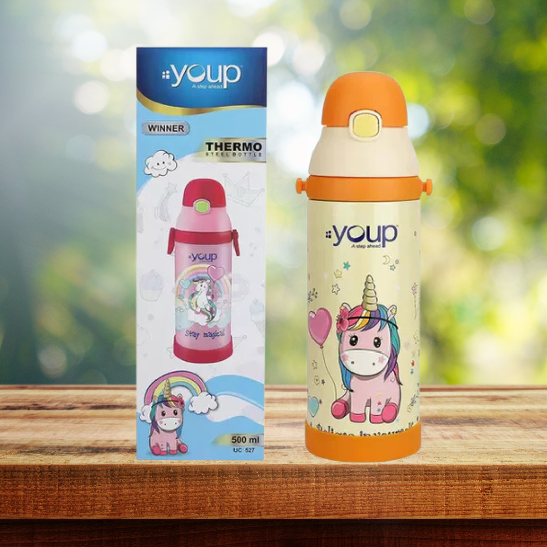 Youp Stainless Steel Yellow Color Unicorn theme Kids Insulated Sipper Bottle - 500 ml