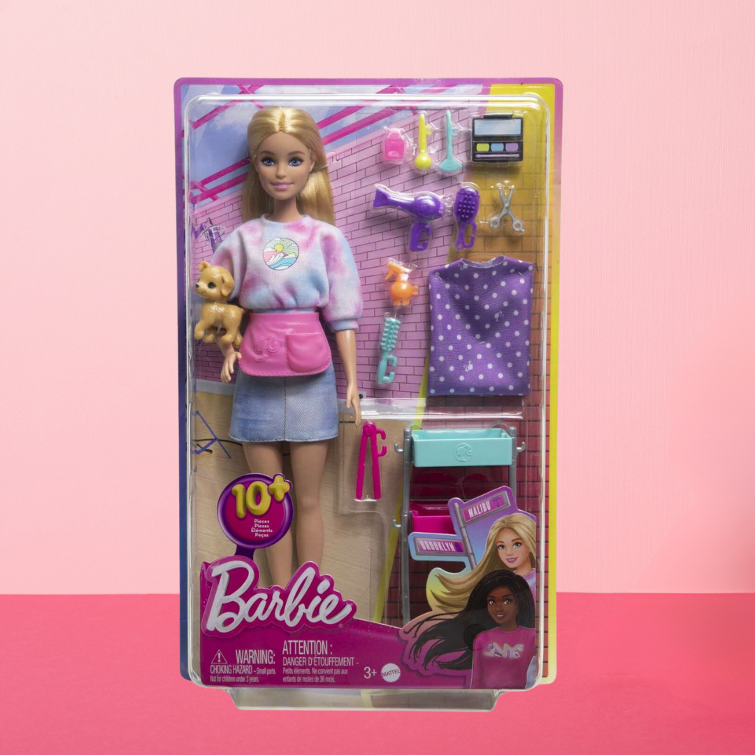 Barbie Malibu Stylist Doll & 14 Accessories Playset Hair & Makeup Theme with Puppy & Styling Cart