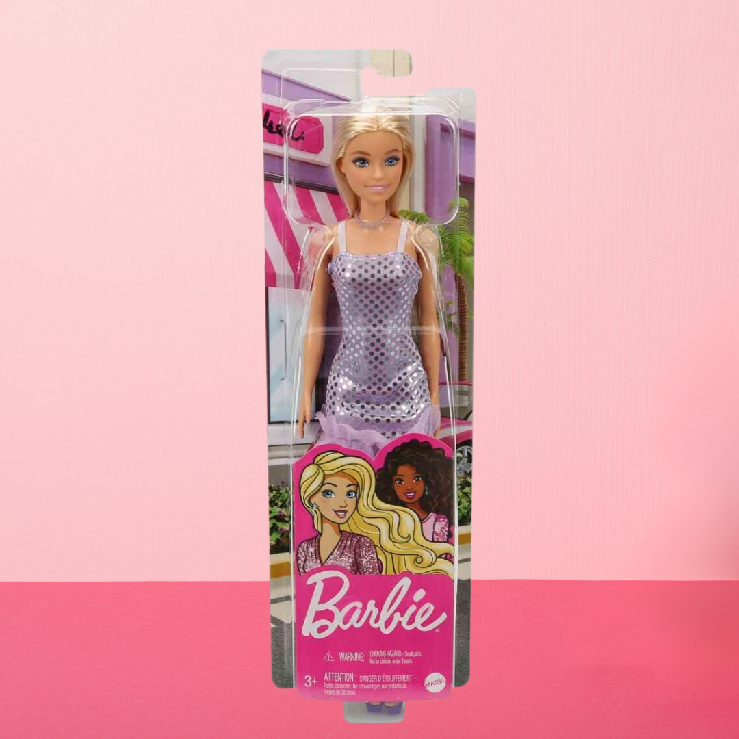 Barbie Doll, Kids Toys, Blonde Hair, Lavender Metallic Mini Dress, Trendy Clothes and Accessories, Gifts for Kids