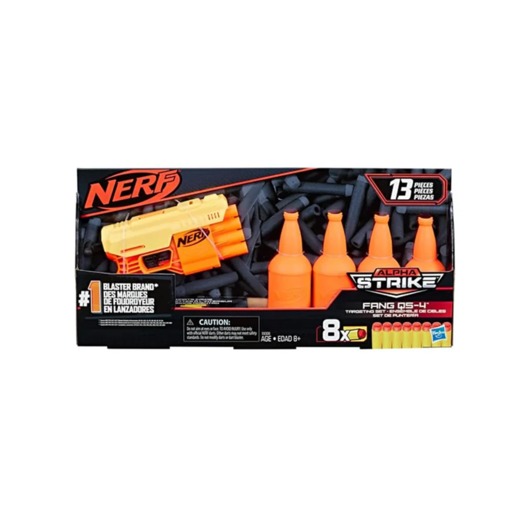 Hasbro Nerf Fang QS-4 Targeting Set 13-Piece Alpha Strike Set Includes Toy Blaster, 4 Half-Targets, and 8 Official Elite Foam Darts (Multicolour)