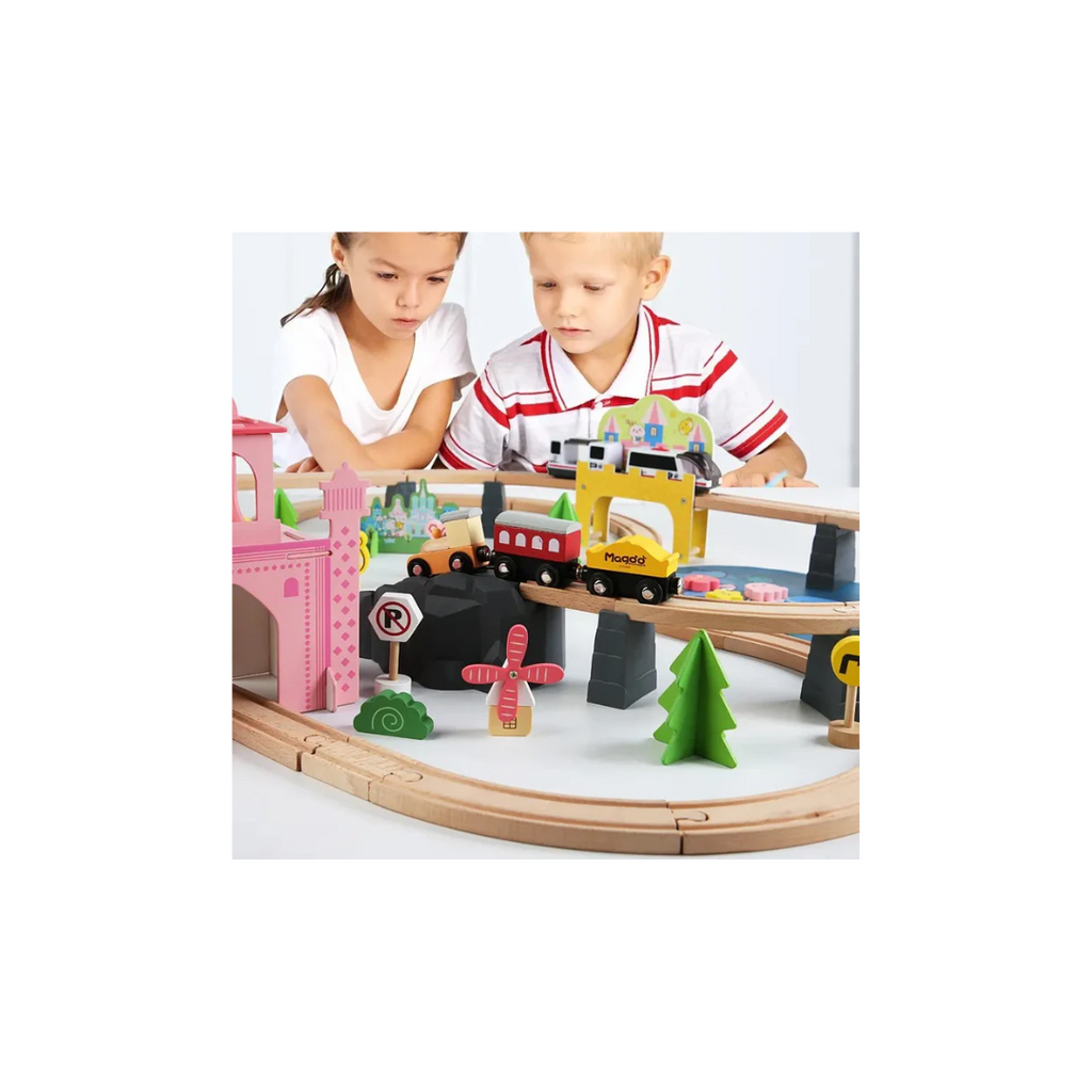 Rainbow Toys Wooden castle Train Track Set Toys 87Pcs