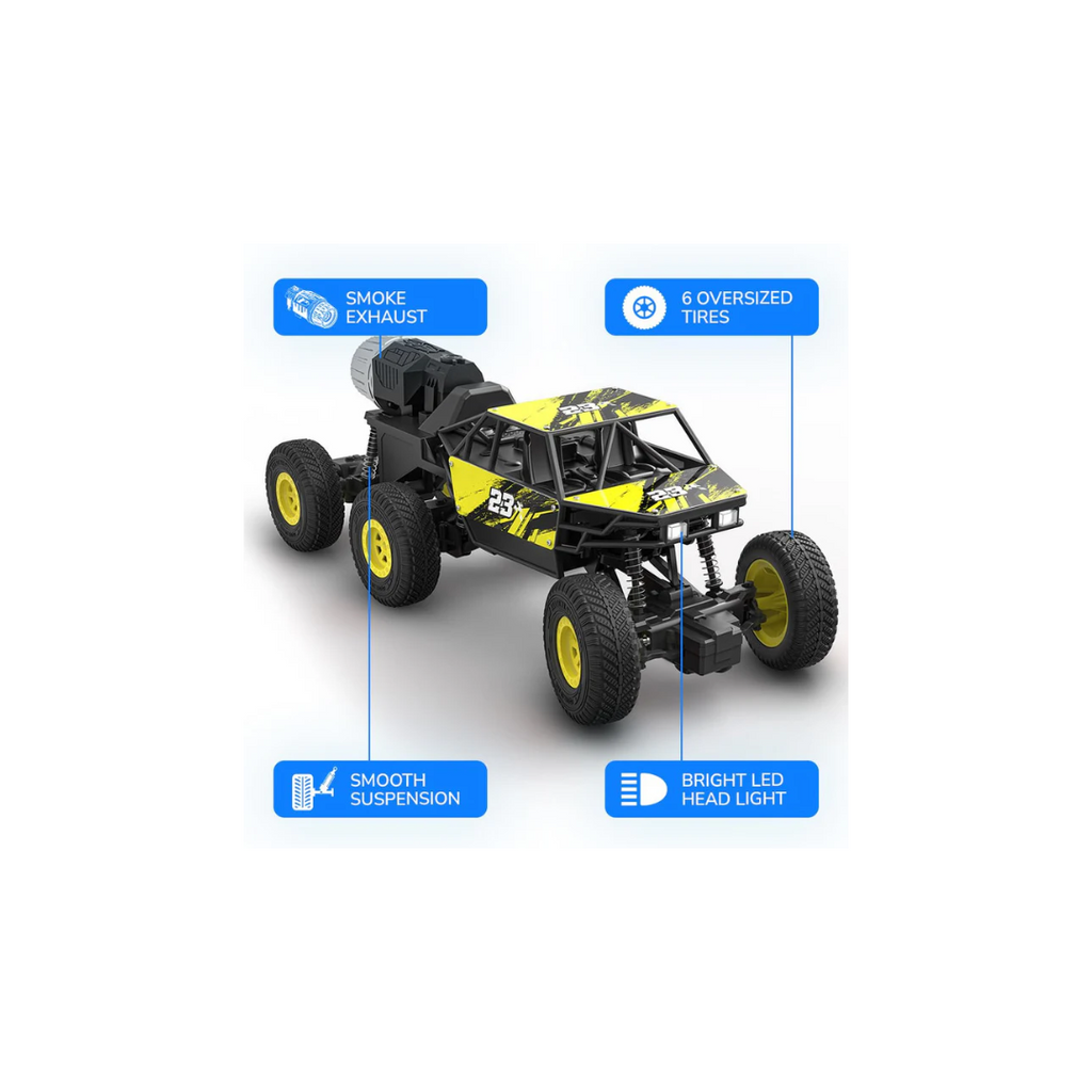 Mirana Mega Ranger ATV 6 Wheel Remote Car with Nitro Boost, Smoke Exhaust, InBuilt Battery 4x4 Type - C USB Rechargeable Yellow