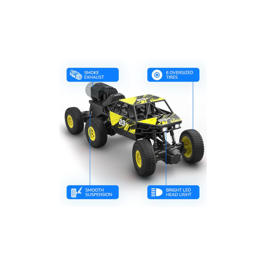 Mirana Mega Ranger ATV 6 Wheel Remote Car with Nitro Boost, Smoke Exhaust, InBuilt Battery 4x4 Type - C USB Rechargeable Yellow