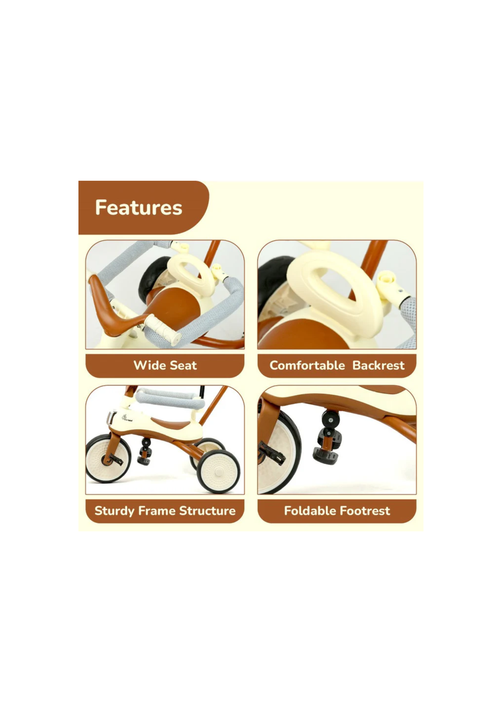 Tiny Toes Karizma - Luxury 3-in-1 Smart Tricycle for Kids 2 to 5 Years with Music & Canopy Cream Brown