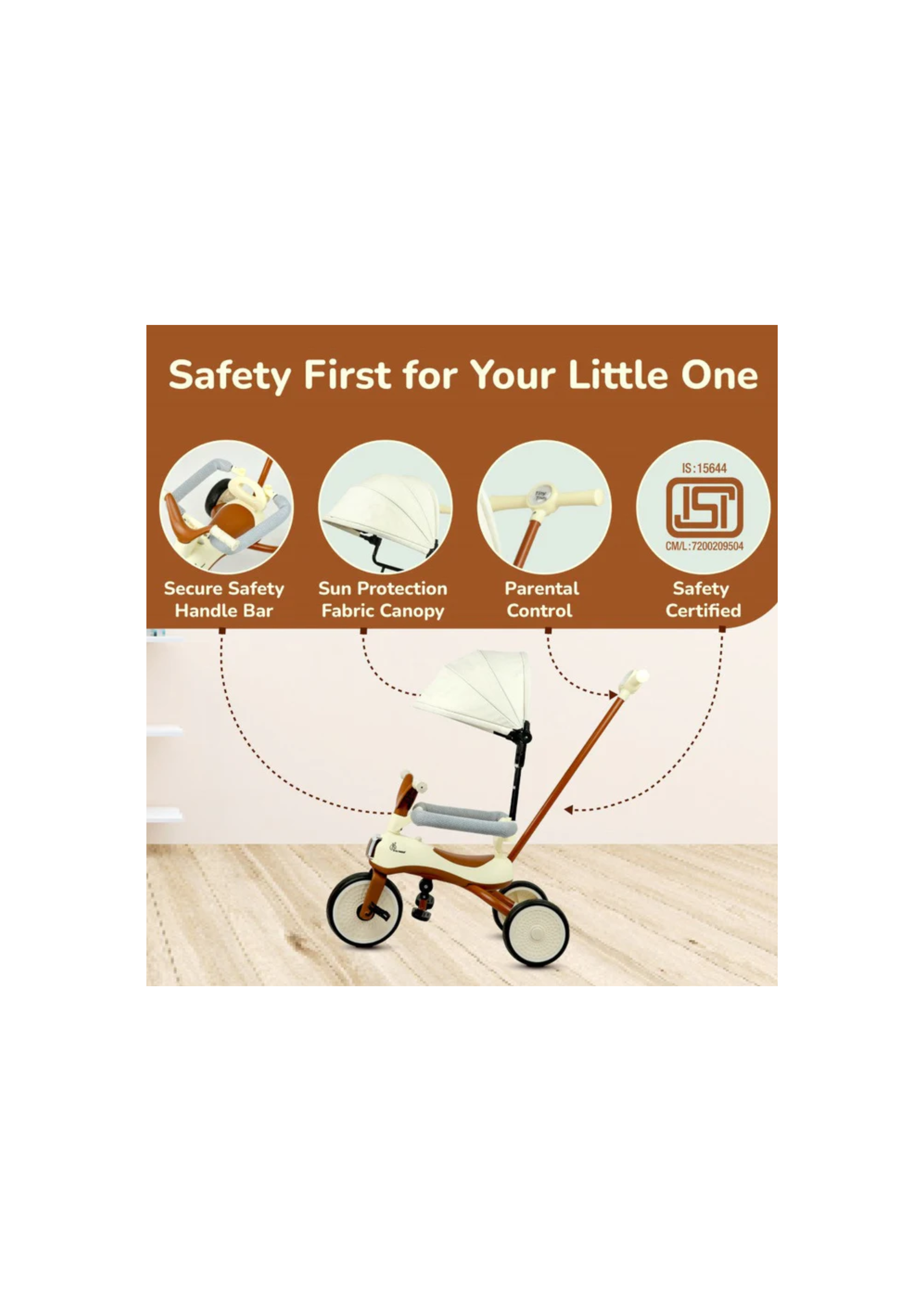Tiny Toes Karizma - Luxury 3-in-1 Smart Tricycle for Kids 2 to 5 Years with Music & Canopy Cream Brown