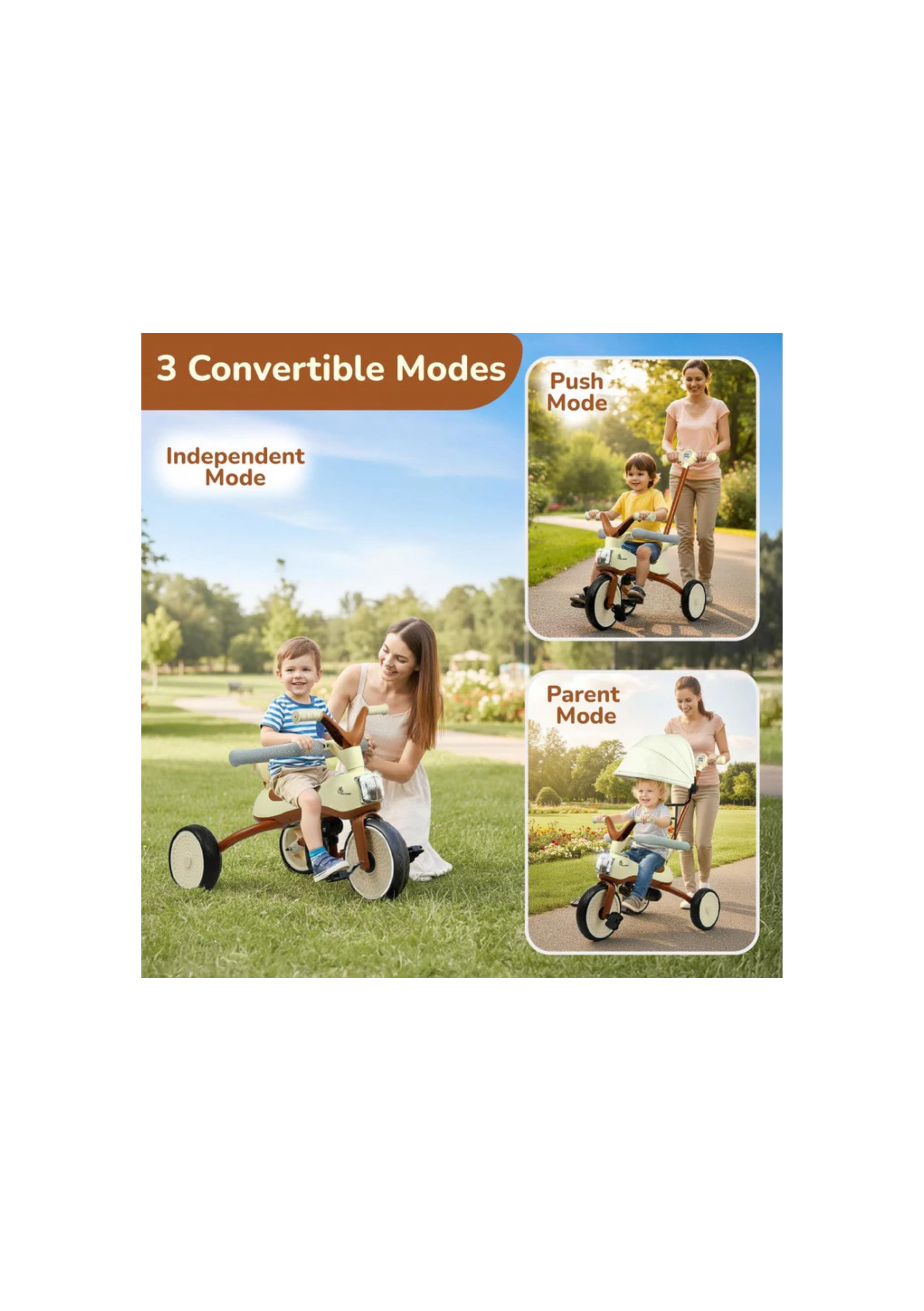 Tiny Toes Karizma - Luxury 3-in-1 Smart Tricycle for Kids 2 to 5 Years with Music & Canopy Cream Brown