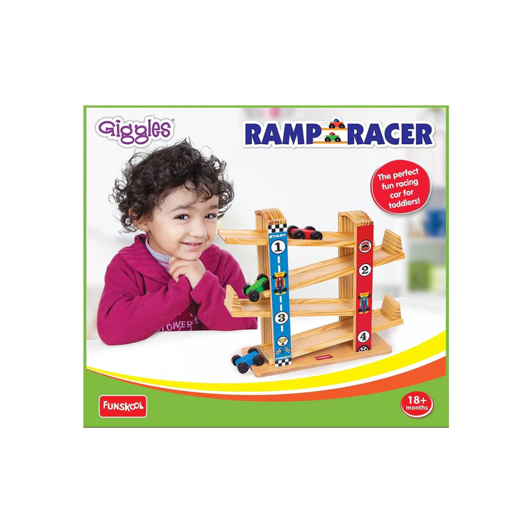 Funskool Giggles Ramp Racer  Wooden Racing Toy with 3 Mini Cars for Ages 2+