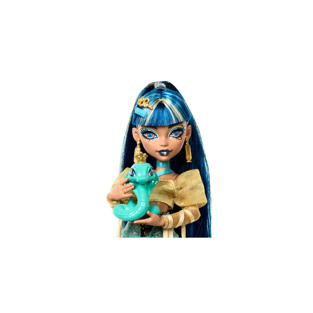 Mattel Monster High Cleo De Nile Doll in Golden Blouse and Layered Skirt, includes Pet Cobra Hissette and Accessories like a Backpack, Snack and Scroll