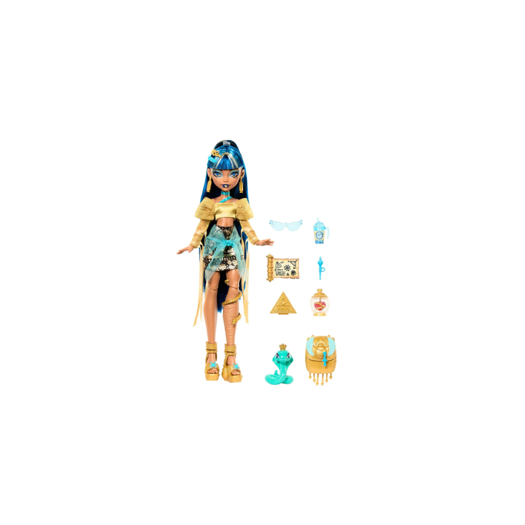 Mattel Monster High Cleo De Nile Doll in Golden Blouse and Layered Skirt, includes Pet Cobra Hissette and Accessories like a Backpack, Snack and Scroll