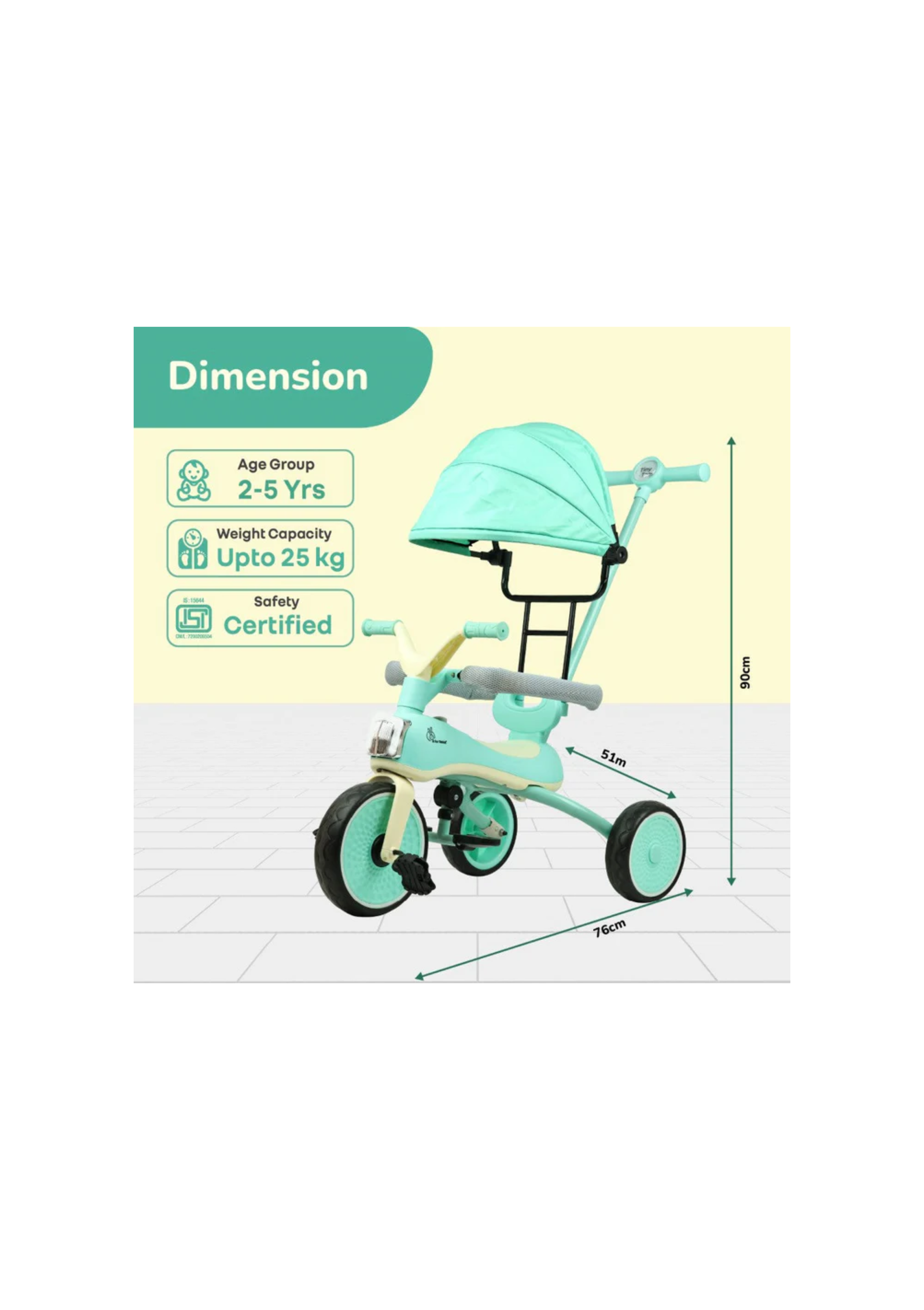 Tiny Toes Karizma - Luxury 3-in-1 Smart Tricycle with Music & Canopy Green Cream