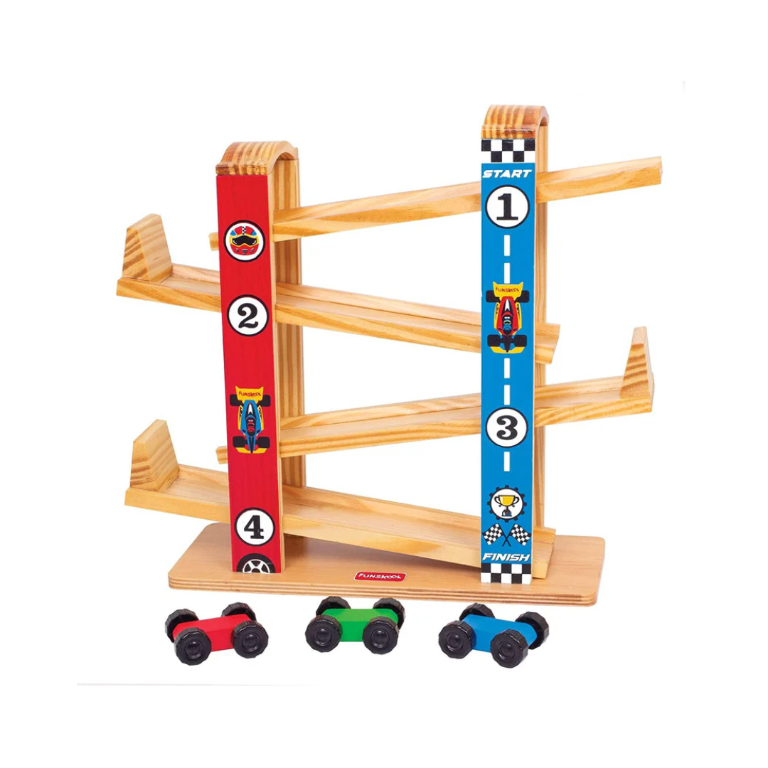 Funskool Giggles Ramp Racer  Wooden Racing Toy with 3 Mini Cars for Ages 2+