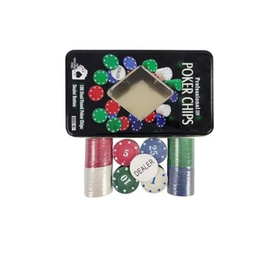 Rainbow Toys Casino Style 100 Pcs Poker Chips Set in a Tin Case with 1 Dealer Button