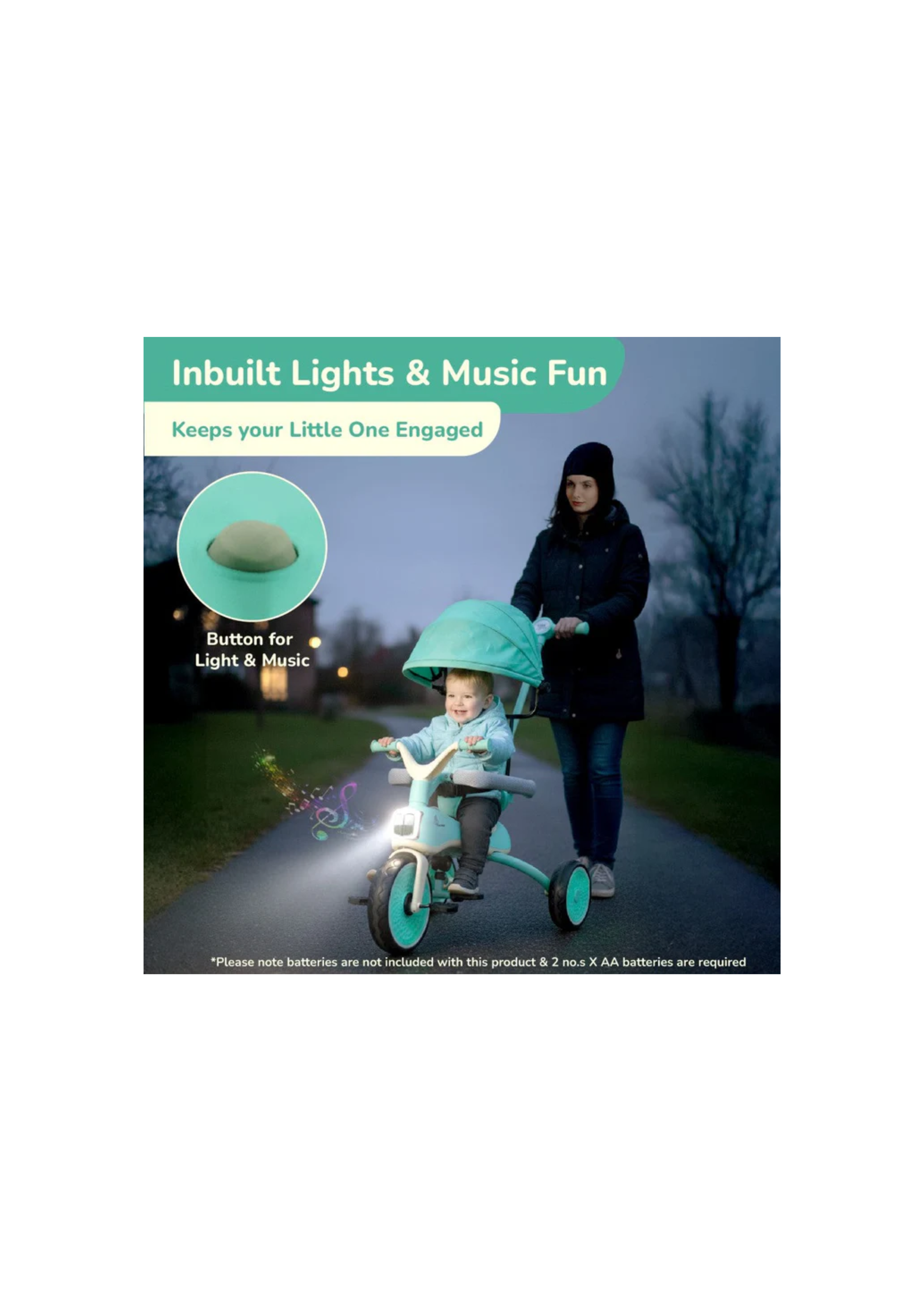 Tiny Toes Karizma - Luxury 3-in-1 Smart Tricycle with Music & Canopy Green Cream