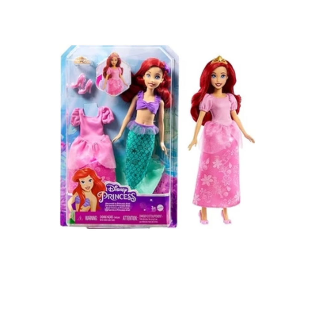 Mattel Disney Princess Toys, Ariel 2-in-1 Mermaid to Princess Doll with 2 Fashions and Accessories,