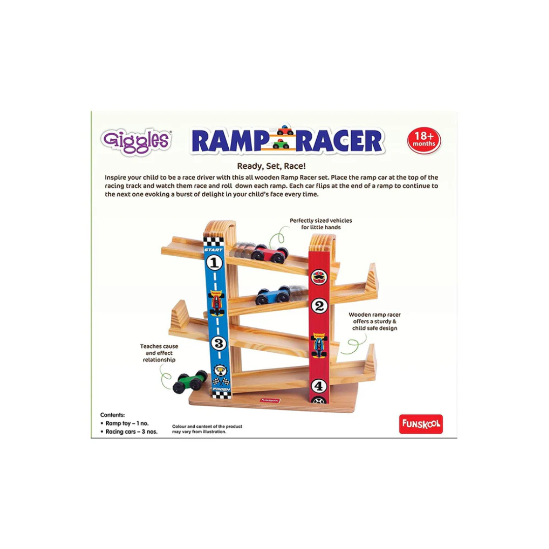 Funskool Giggles Ramp Racer  Wooden Racing Toy with 3 Mini Cars for Ages 2+