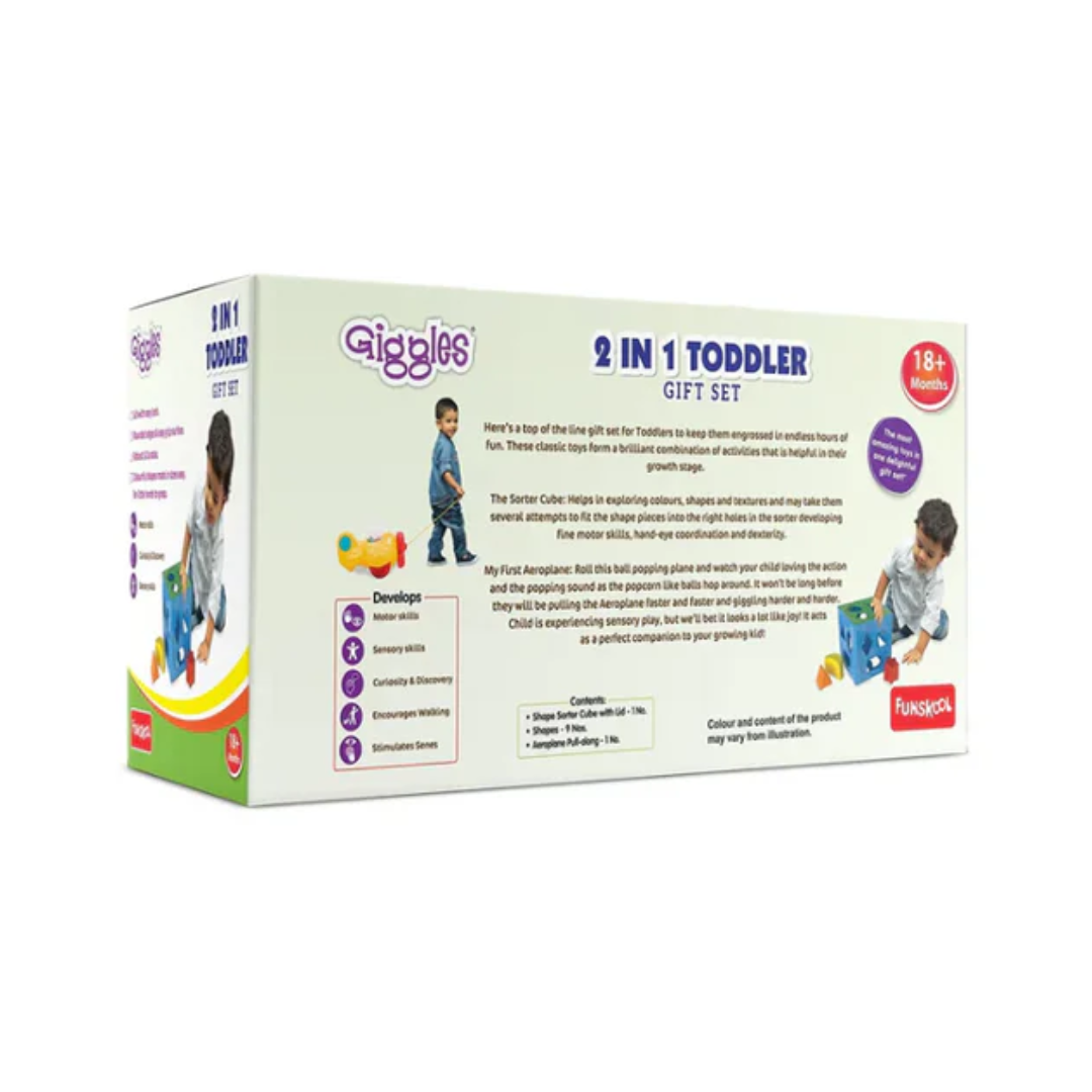 Funskool Giggles 2In1 Toddle Shape Sorting Cube And Aeroplane Pull Along Toy