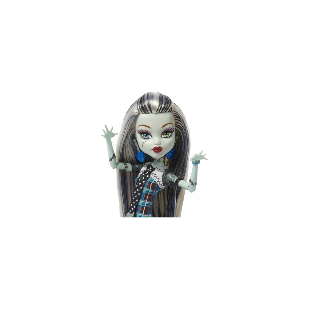 Mattel Monster High 10.5 inch Frankie Stein Reproduction Doll Wearing Original Fashion & Shoes, with Pet, Doll Stand & Accessories Gift