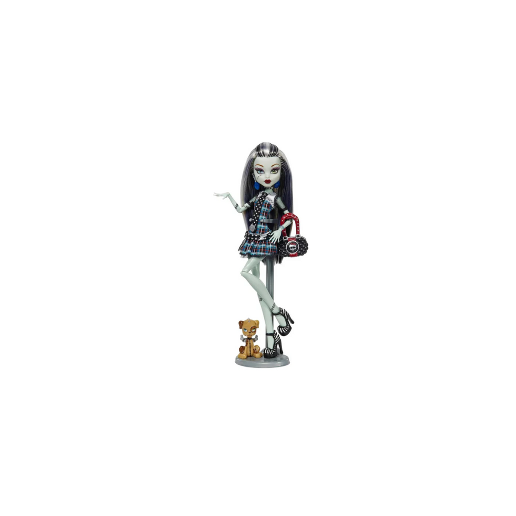 Mattel Monster High 10.5 inch Frankie Stein Reproduction Doll Wearing Original Fashion & Shoes, with Pet, Doll Stand & Accessories Gift