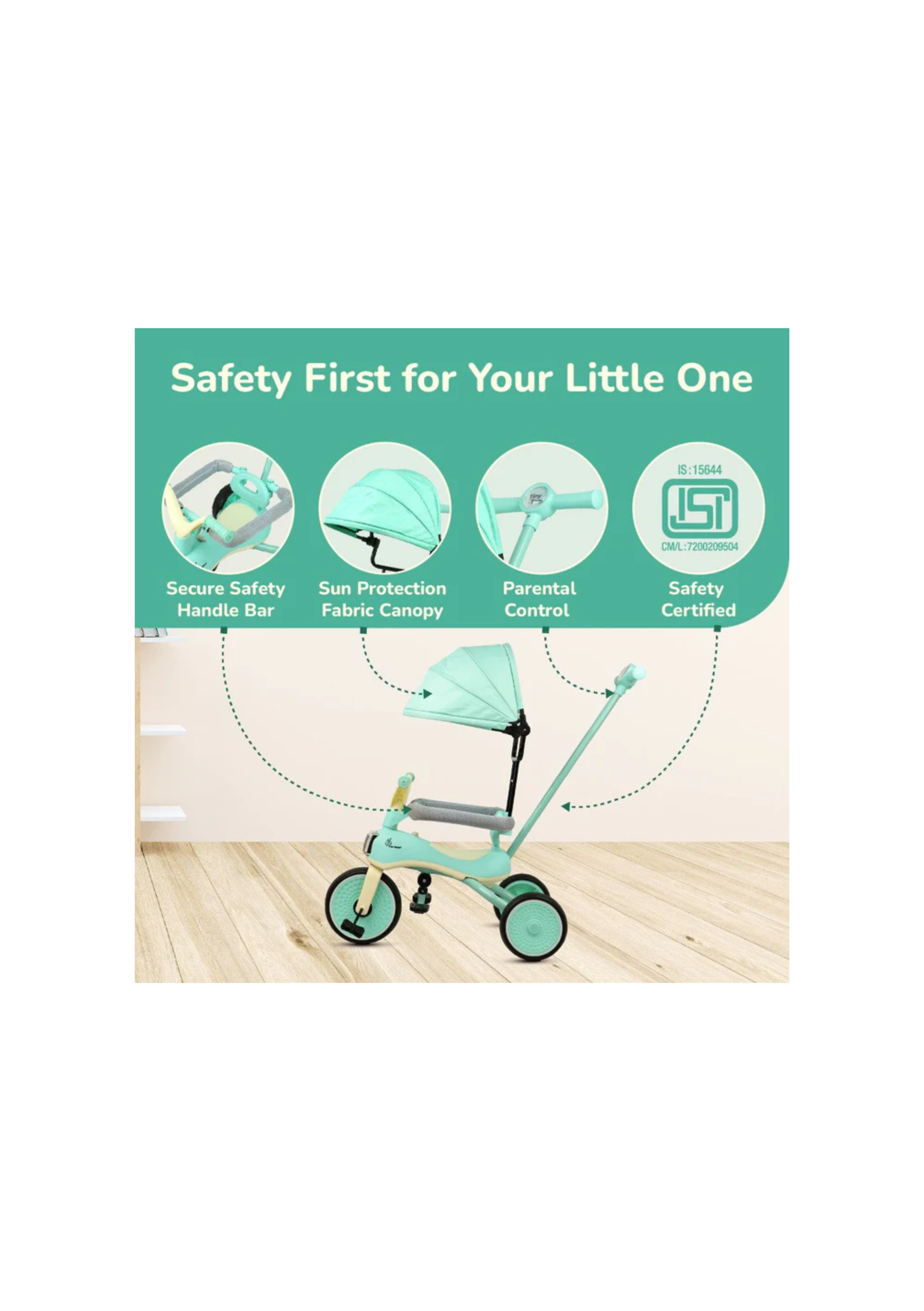 Tiny Toes Karizma - Luxury 3-in-1 Smart Tricycle with Music & Canopy Green Cream