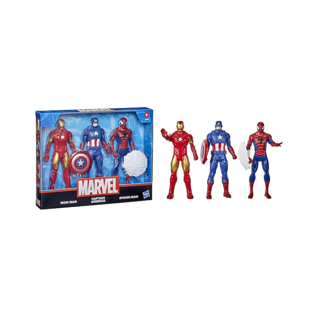 Hasbro Marvel Action Figure Toy 3-Pack, 6-inch Figures, Iron Man, Spider-Man, Captain America, for Kids Ages
