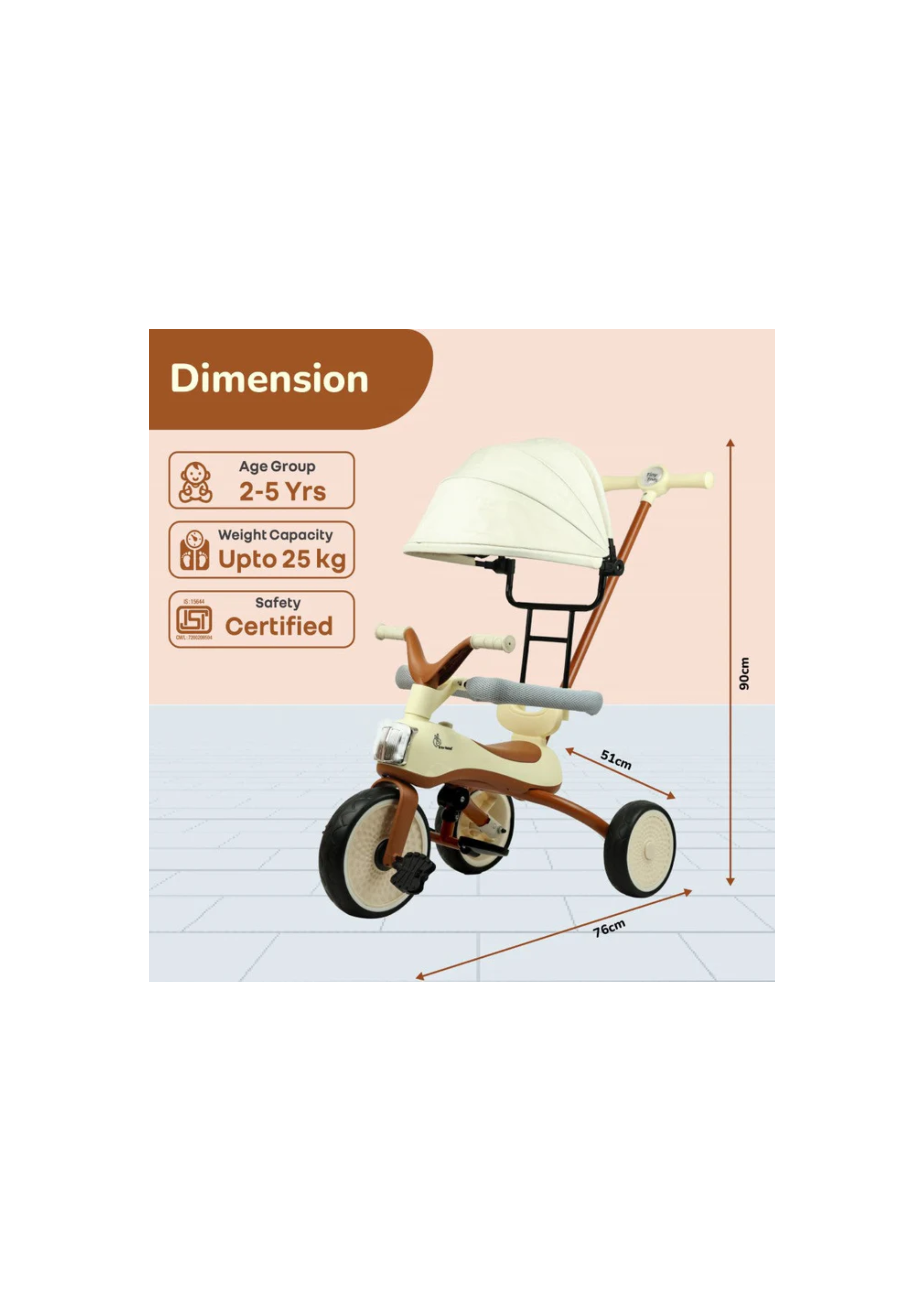 Tiny Toes Karizma - Luxury 3-in-1 Smart Tricycle for Kids 2 to 5 Years with Music & Canopy Cream Brown