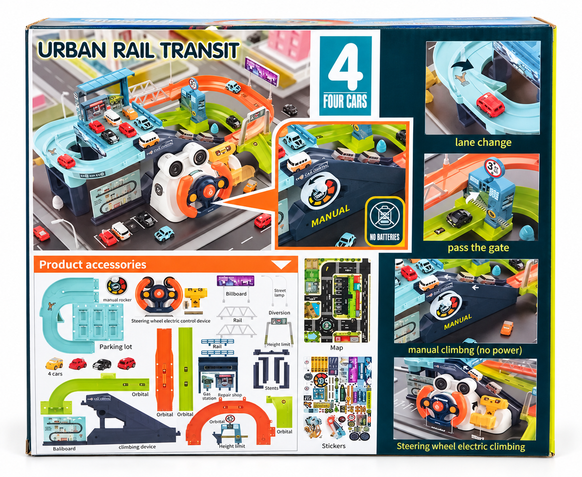 Urban Rail Transit Electric & Manual Parking Garage Track Playset with 4 Cars for Kids Ages 3+ Years