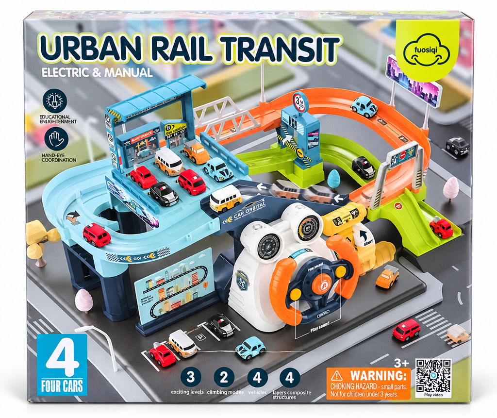 Urban Rail Transit Electric & Manual Parking Garage Track Playset with 4 Cars for Kids Ages 3+ Years