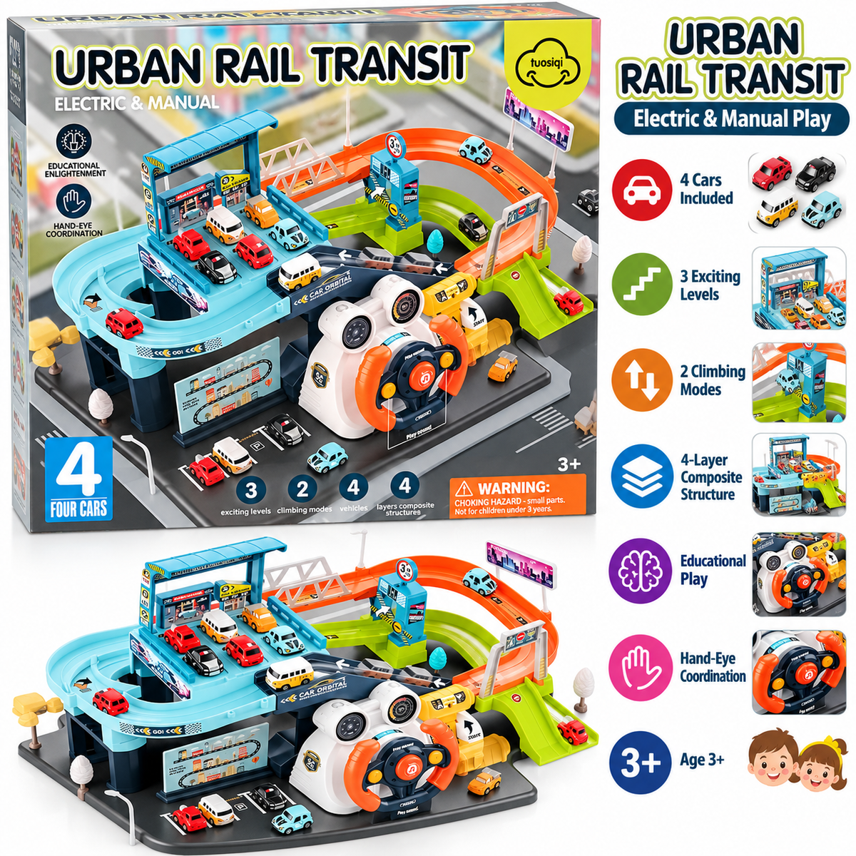 Urban Rail Transit Electric & Manual Parking Garage Track Playset with 4 Cars for Kids Ages 3+ Years
