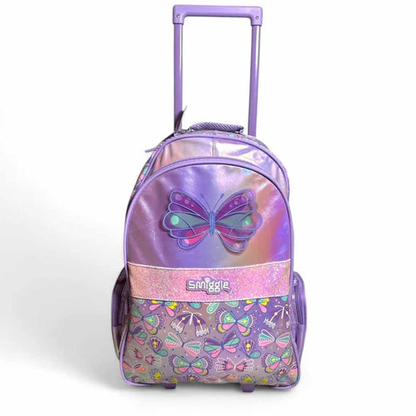 Smiggle Butterfly 18-Inch Light-Up Trolley Backpack for Kids – Colorful Wheeled School Bag with Extendable Handle
