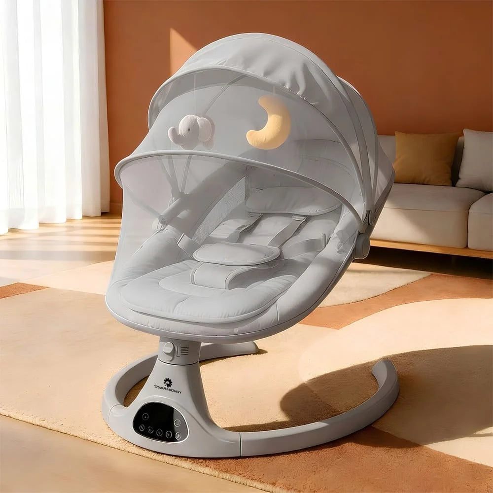 StarAndDaisy Smart Baby Rocker with Bluetooth, 5-Speed Swing, 3 Recline Positions, Music, Mosquito Net & Sunshade – Grey