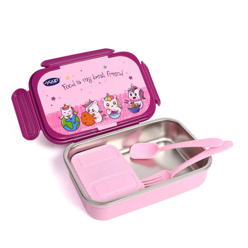 YOUP Stainless Steel Insulated Unicorn Theme Lunch Box With Fork and Spoon For Kids Assorted Color
