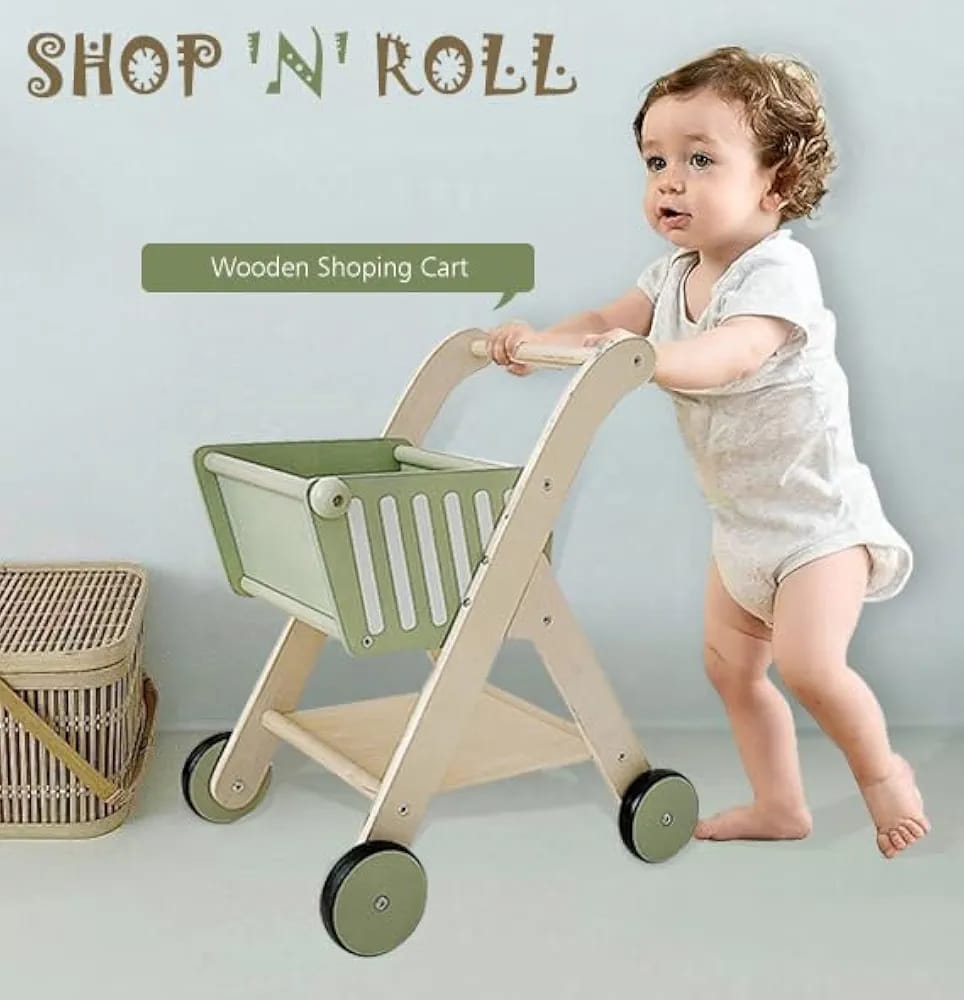 Playblox Shop 'N' Roll Wooden Shopping Trolley – Durable Pretend Play Grocery Cart for Toddlers, Easy Assembly Wooden Push Toy Set