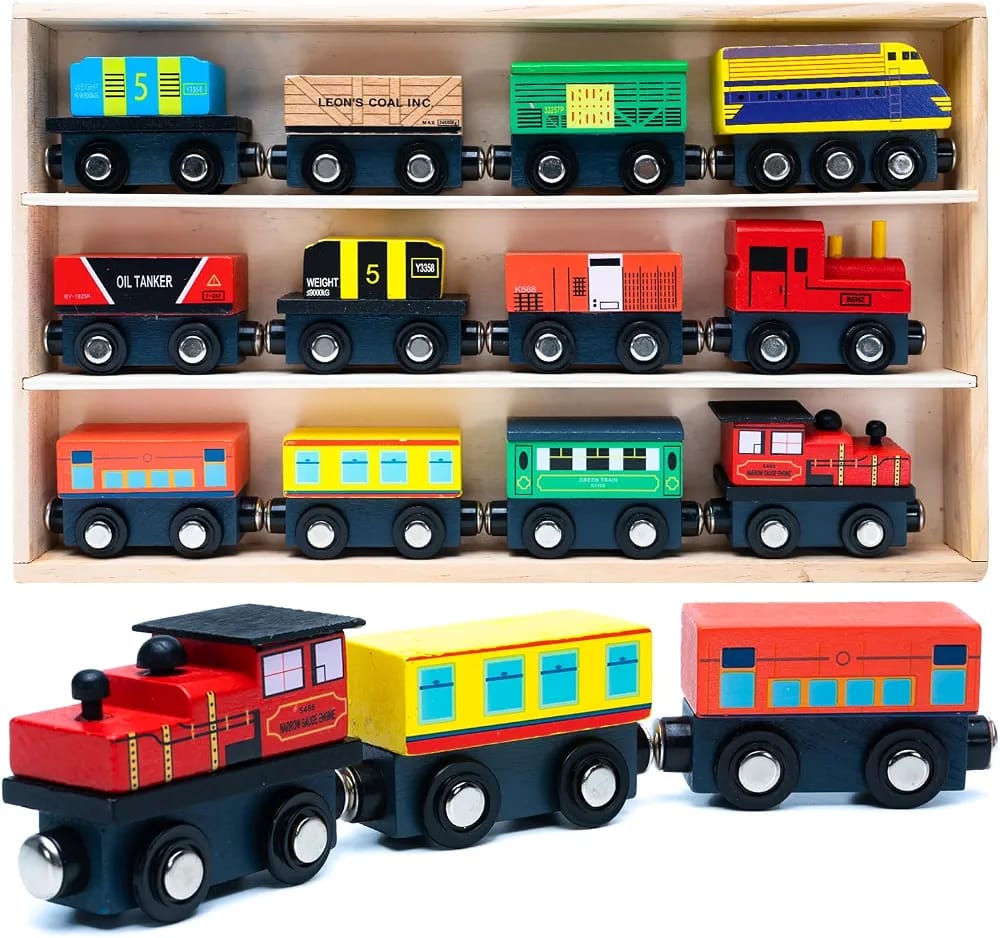 Magnetic Wooden Train & Freight Cars Set - Educational Toy for Kids (12 Pcs)
