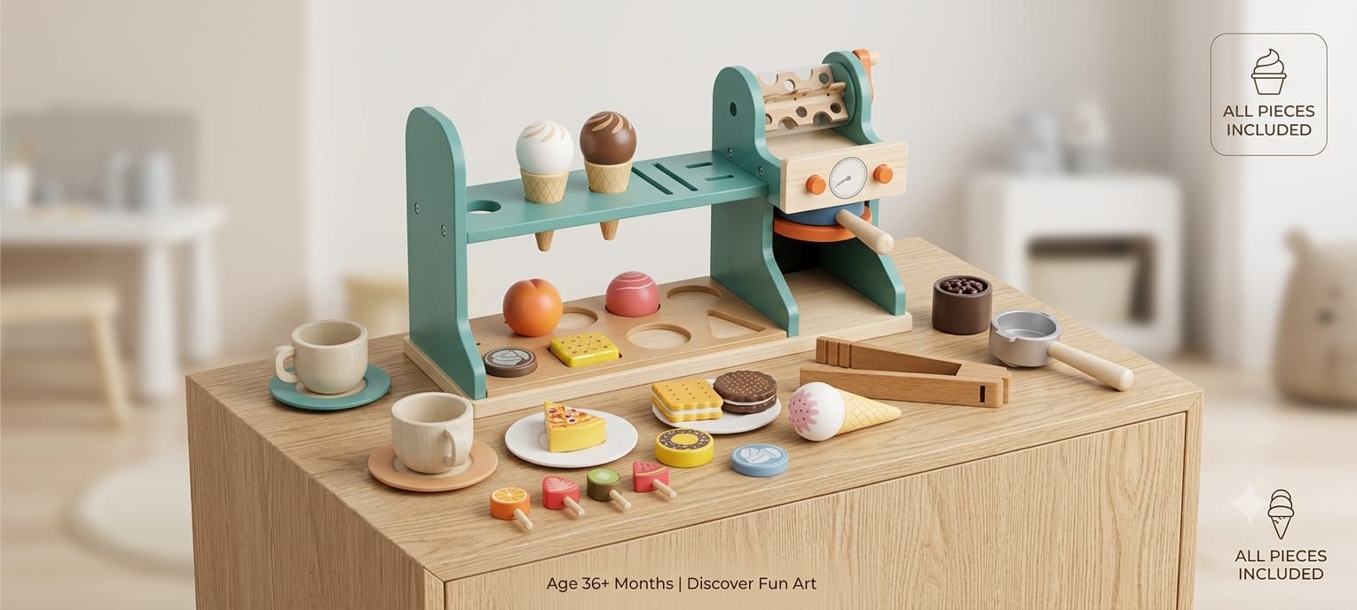 2-in-1 Wooden Ice Cream & Coffee Machine Playset – Montessori Pretend Play Kitchen Café & Dessert Counter Toy for Kids (Ages 3+)
