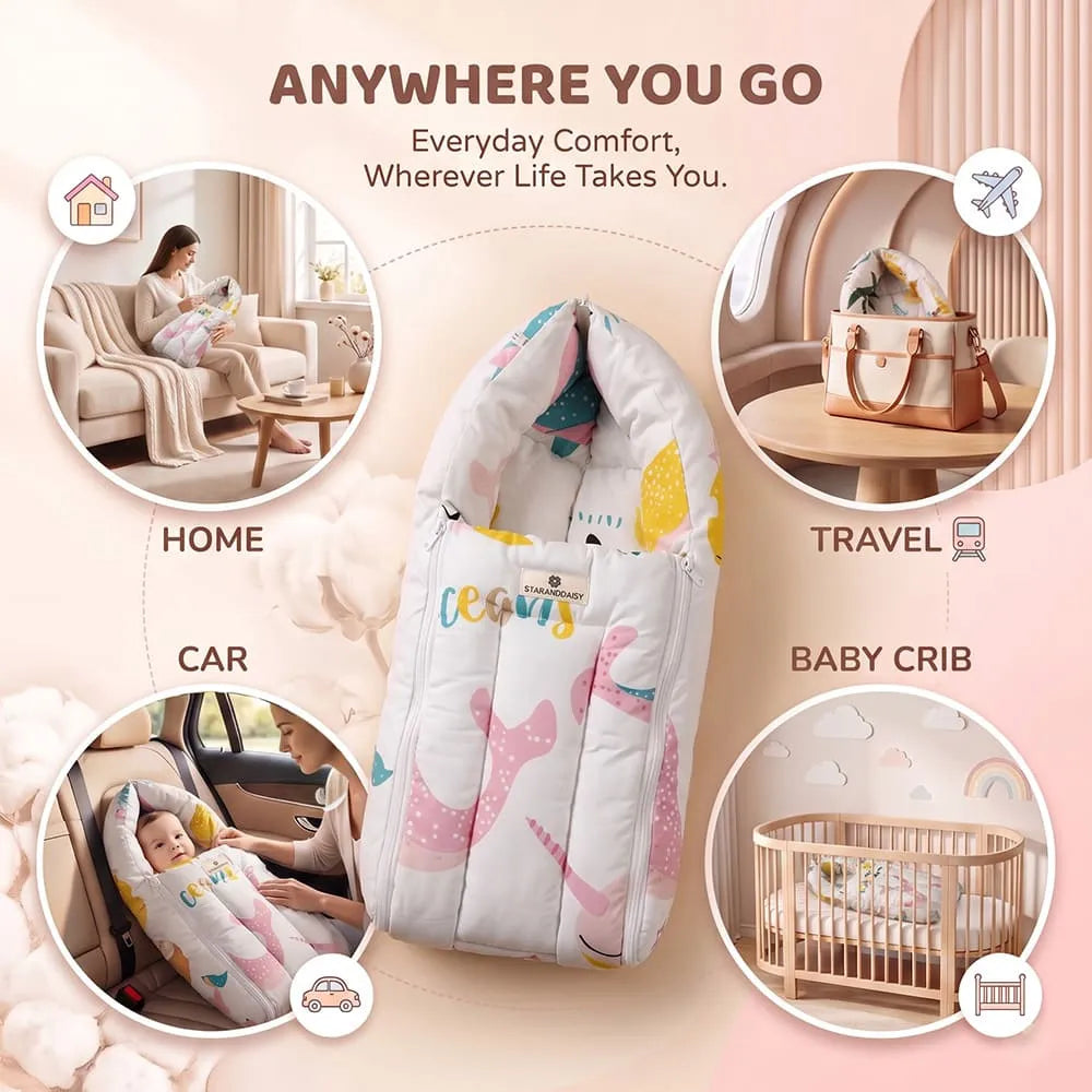 StarAndDaisy 3-in-1 Baby Sleeping Bag, Lounger & Baby Bed – 0–6 Months, Ocean Print