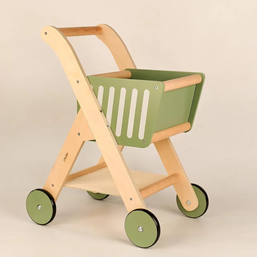 Playblox Shop 'N' Roll Wooden Shopping Trolley – Durable Pretend Play Grocery Cart for Toddlers, Easy Assembly Wooden Push Toy Set