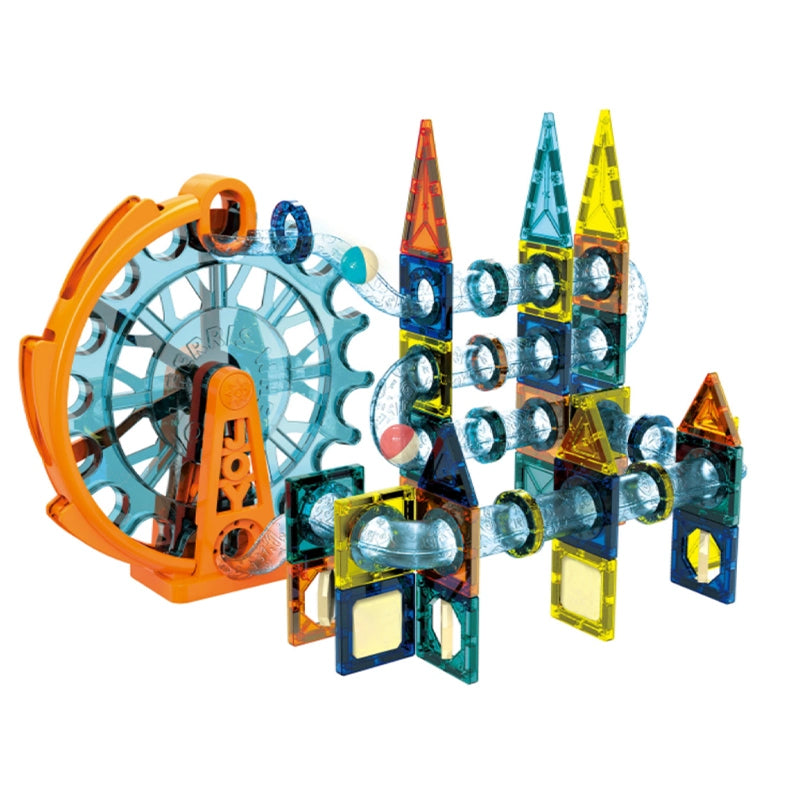PZL Marble Run Set 107-Piece Magnetic Tile Building with Ferris Wheel & Elevator, Marble Run