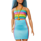 Barbie Fashionistas Doll #218 With Blue Hair, Rainbow Top & Teal Skirt, 65th Anniversary