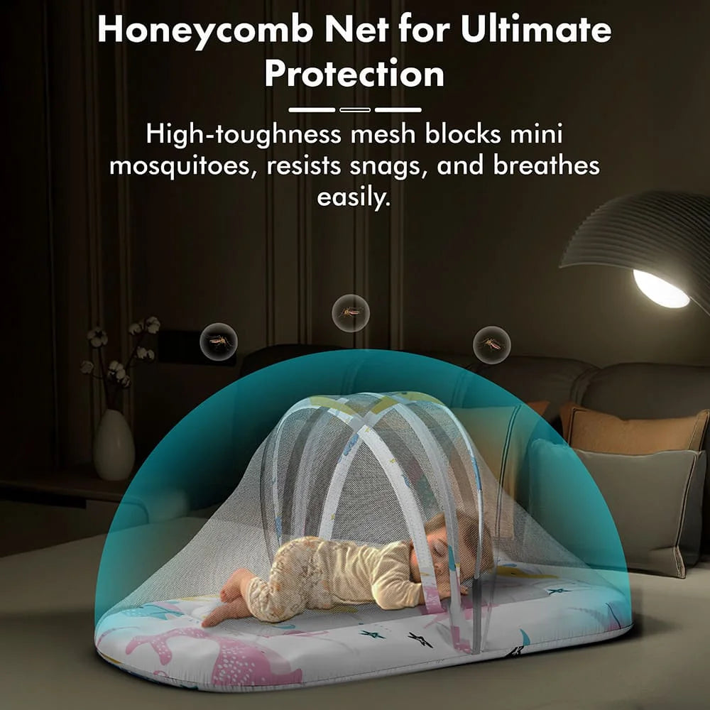 StarAndDaisy Baby Bed Set with Mosquito Net & Sleeping Bag Combo – Travel-Friendly Newborn Bed, Animal Print