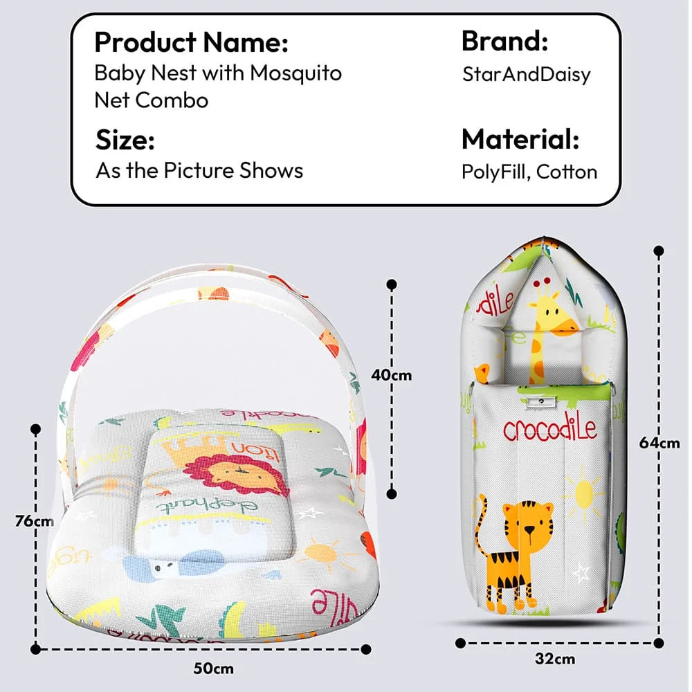 StarAndDaisy Baby Bed Set with Mosquito Net & Sleeping Bag Combo – Travel-Friendly Newborn Bed, Animal Print