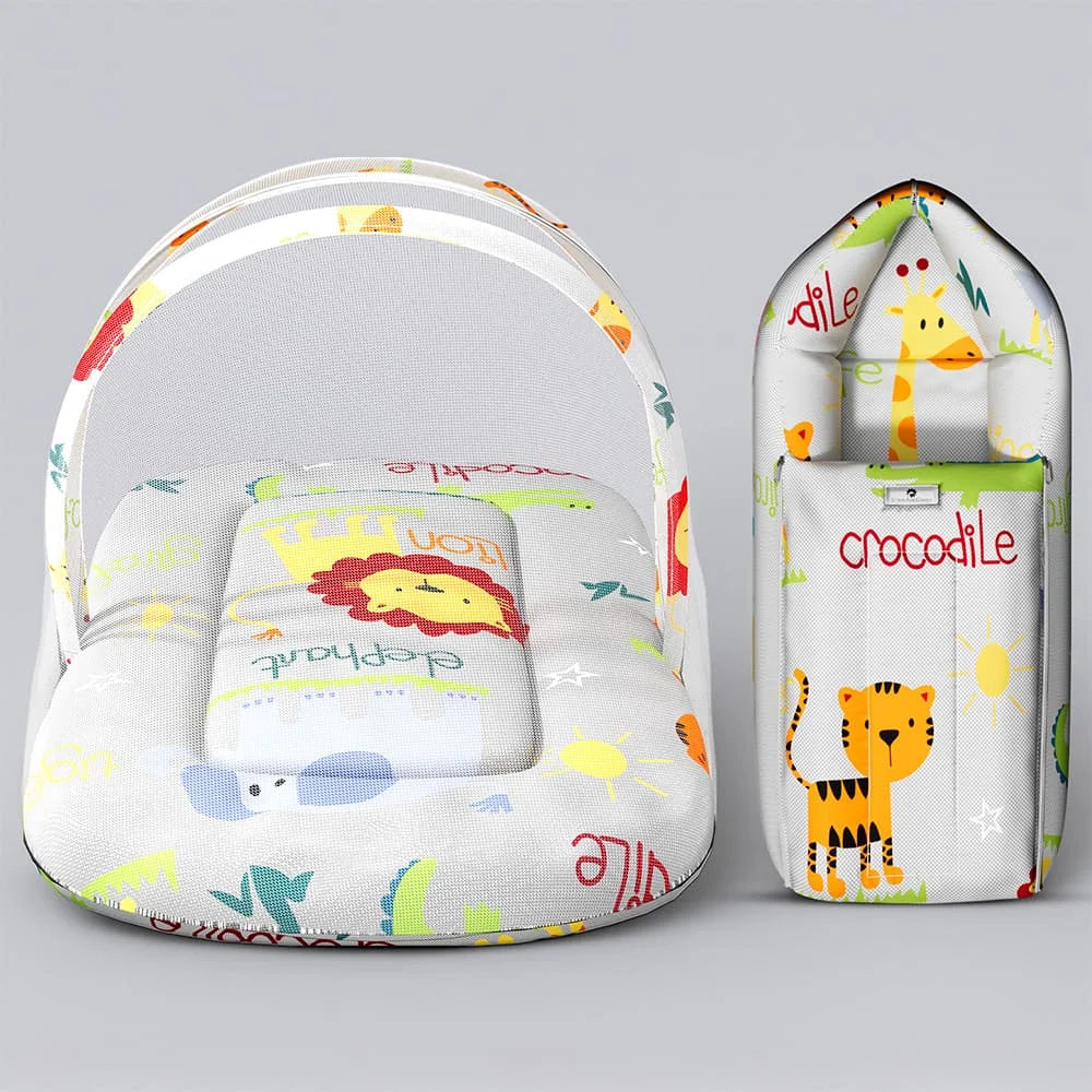 StarAndDaisy Baby Bed Set with Mosquito Net & Sleeping Bag Combo – Travel-Friendly Newborn Bed, Animal Print