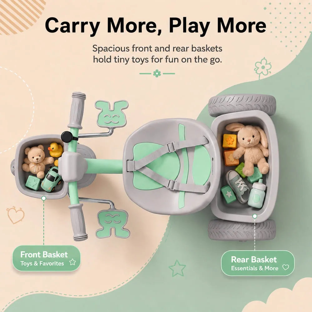 StarAndDaisy Kids Tricycle with Dual Storage Baskets & Safety Belt – 2–5 Years, Green