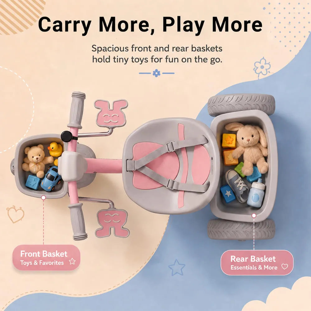 StarAndDaisy Kids Tricycle with Dual Storage Baskets & Safety Belt – 2–5 Years, Pink
