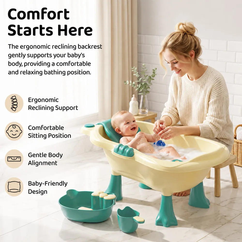 StarAndDaisy Aqua Nest Elevated Baby Bathtub with Support Seat & Bath Accessories – Green & Cream