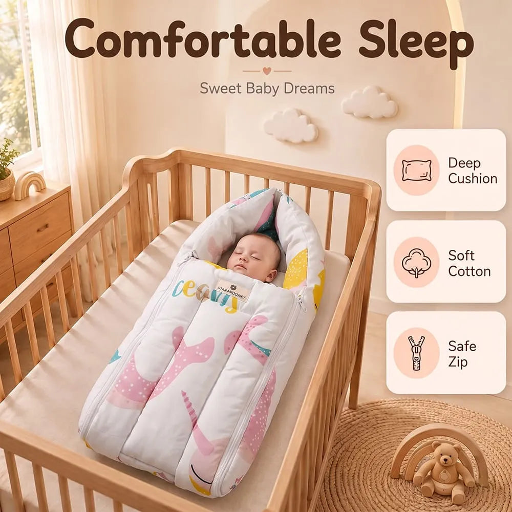 StarAndDaisy 3-in-1 Baby Sleeping Bag, Lounger & Baby Bed – 0–6 Months, Ocean Print