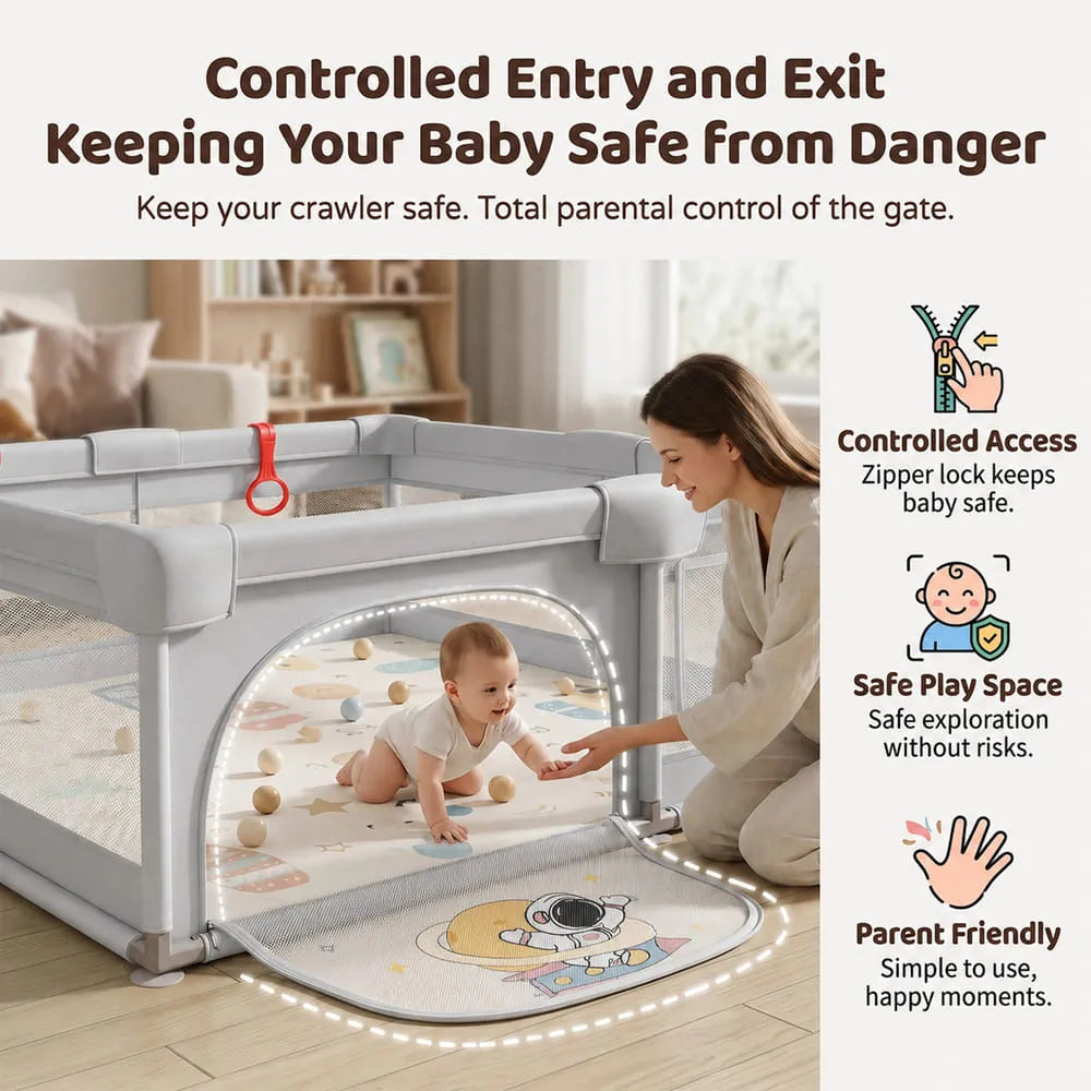 StarAndDaisy Baby Playpen 120 × 120 cm with Breathable Mesh, Grasp Rings & Anti-Slip Base – 0–5 Years, Grey