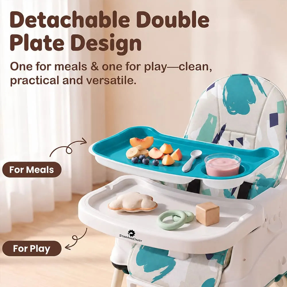 StarAndDaisy 3-in-1 Baby High Chair with Adjustable Double Tray & 3-Point Safety Belt – Blue & White
