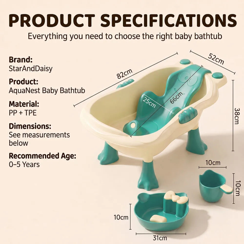 StarAndDaisy Aqua Nest Elevated Baby Bathtub with Support Seat & Bath Accessories – Green & Cream