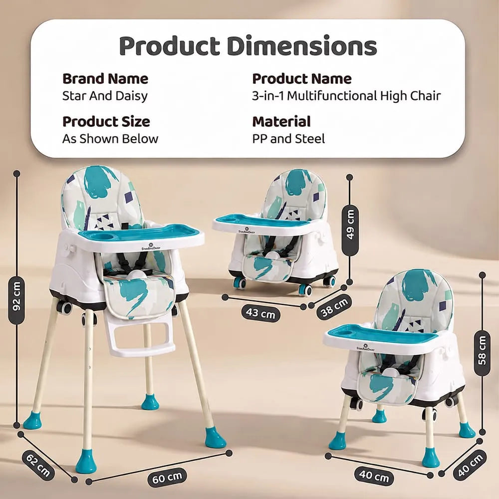 StarAndDaisy 3-in-1 Baby High Chair with Adjustable Double Tray & 3-Point Safety Belt – Blue & White