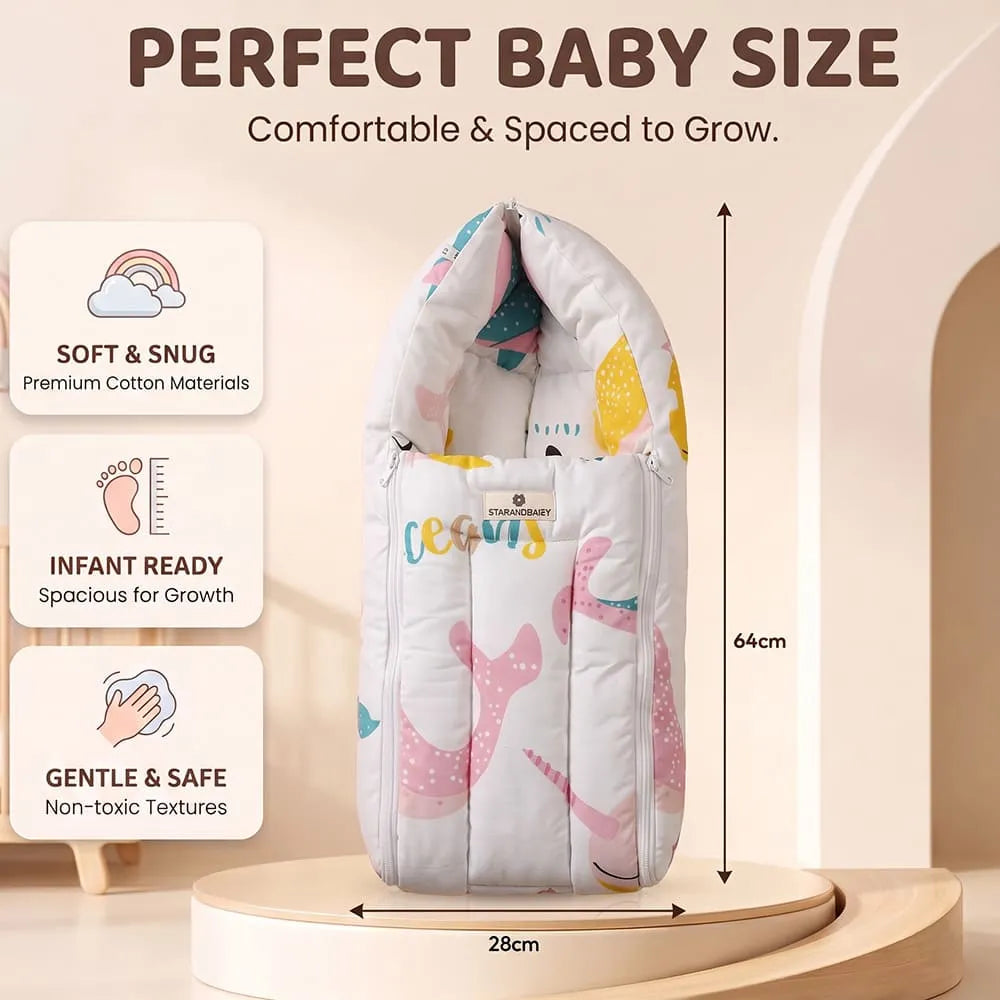 StarAndDaisy 3-in-1 Baby Sleeping Bag, Lounger & Baby Bed – 0–6 Months, Ocean Print